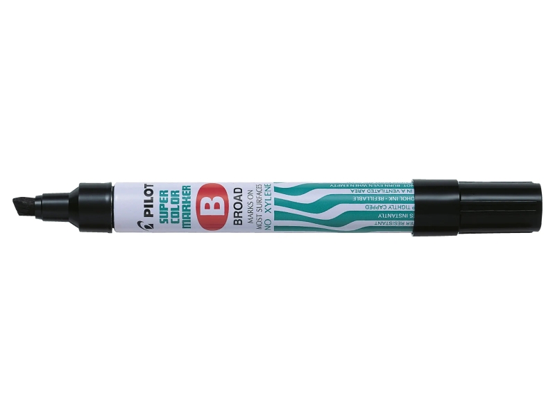 Pilot Super Color Rotulador Permanente Multisuperficie - Punta Biselada de Fibra - Tinta Base Alcohol Libre de Xileno - Cuerpo Metalico - Color Negro