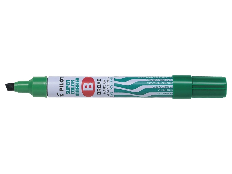 Pilot Super Color Rotulador Permanente Multisuperficie - Punta Biselada de Fibra - Tinta Base Alcohol Libre de Xileno - Cuerpo Metalico - Color Verde