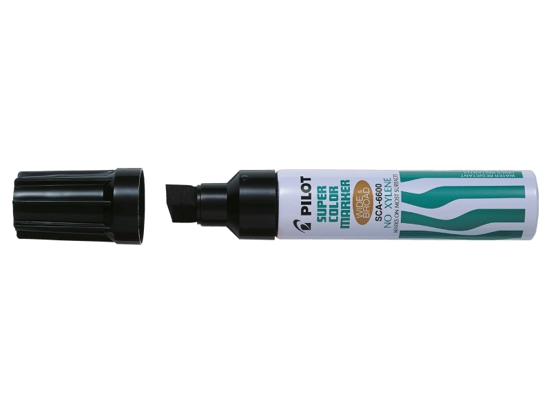 Pilot Super Color 6600 Rotulador Permanente Multisuperficie Extragrueso - Punta Biselada Extragruesa de Fibra - Tinta Base Alcohol Libre de Xileno - Cuerpo Metalico - Color Negro