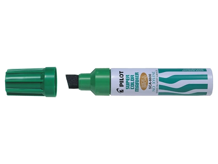 Pilot Super Color 6600 Rotulador Permanente Multisuperficie Extragrueso - Punta Biselada Extragruesa de Fibra - Tinta Base Alcohol Libre de Xileno - Cuerpo Metalico - Color Verde