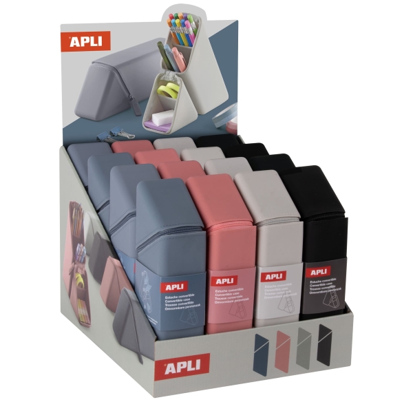 Apli Up North Expositor de 16 Estuches de Silicona Convertibles - Permite Abrirlos y Despegarlos Completamente - Medidas 230x75x55mm - Colores Surtidos