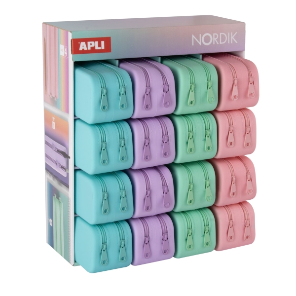 Apli Nordik Expositor de 16 Estuches de Silicona Rectangulares Dobles - Doble Compartimento - Medidas 75x185x63mm - Colores Pastel Surtidos