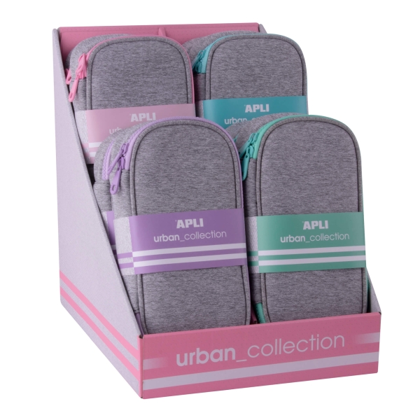 Apli Urban Collection Expositor de 8 Estuches de Neopreno Planos Rectangulares - Bolsillo Interior con Cremallera - Medidas 230x60x120mm - Colores Surtidos