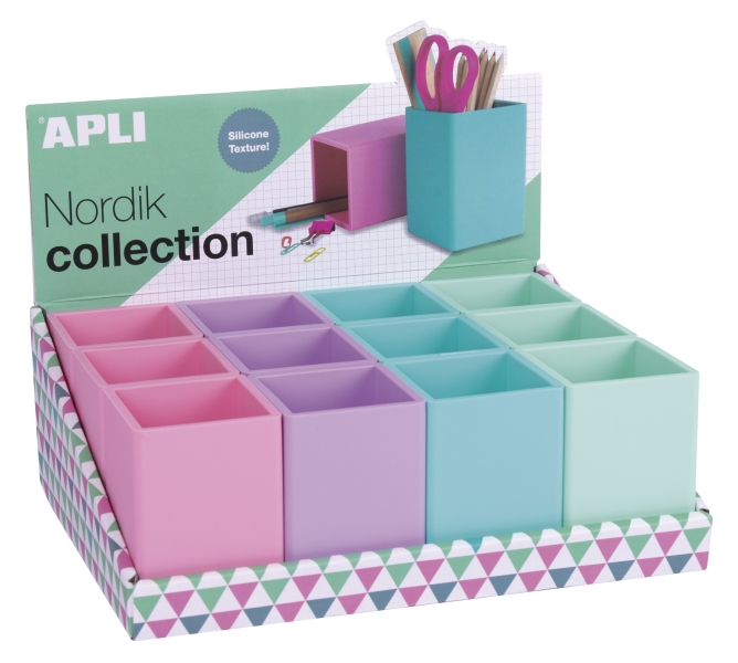 Apli Nordik Expositor de 12 Portalapices Silicona Cuadrados - Medidas 70x70x95mm - Colores Surtidos