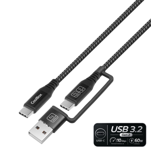 CoolBox Cable USB-C a USB-C 3.2 con Adaptador a USB-A  - 60W - Longitud 1,8m - Color Negro