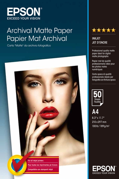 Epson Archival Matte Pack de 50 Hojas de Papel Fotografico - A4 - Gramaje de 192g/m2 - Acabado Mate - Compatible con Impresoras Inkjet - Color Blanco
