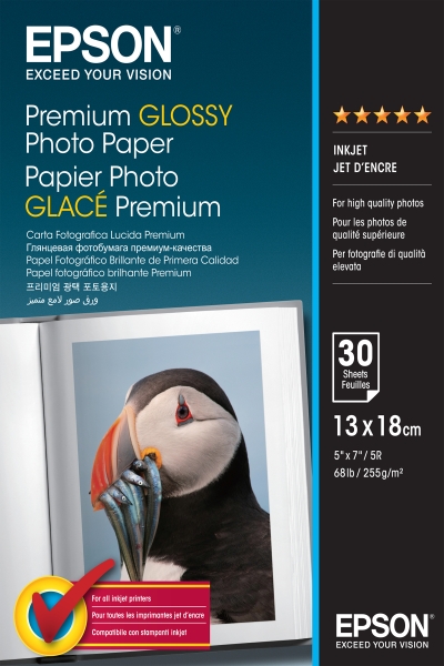 Epson Premium Glossy Photo Pack de 30 Hojas de Papel Fotografico - 13x18cm - Gramaje de 255g/m2 - Acabado Brillante - Compatible con Impresoras Inkjet - Color Blanco