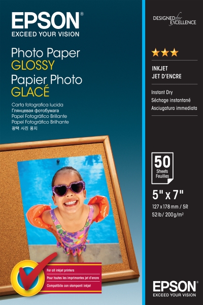 Epson Photo Glossy Pack de 50 Hojas de Papel Fotografico - 13x18cm - Gramaje de 200g/m2 - Acabado Brillante - Compatible con Impresoras Inkjet - Color Blanco