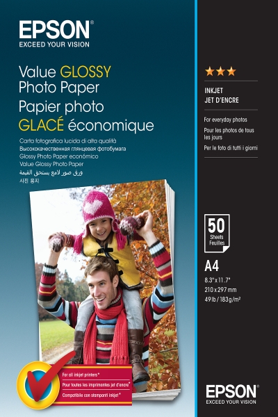 Epson Value Glossy Photo Pack de 50 Hojas de Papel Fotografico - A4 - Gramaje de 183g/m2 - Acabado Brillante - Compatible con Impresoras Inkjet - Color Blanco