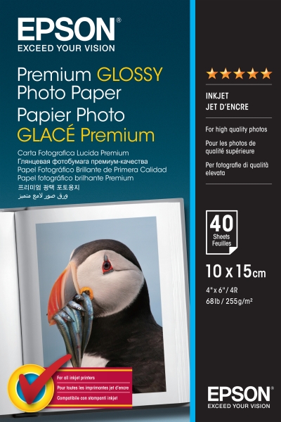 Epson Premium Glossy Photo Pack de 40 Hojas de Papel Fotografico - 10x15cm - Gramaje de 255g/m2 - Acabado Brillante - Compatible con Impresoras Inkjet - Color Blanco