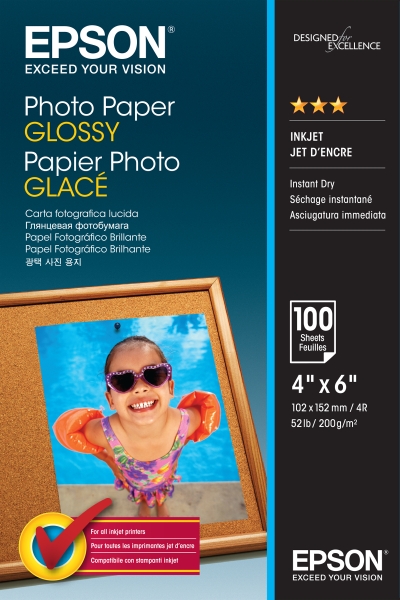 Epson Photo Glossy Pack de 100 Hojas de Papel Fotografico - 10x15cm - Gramaje de 200g/m2 - Acabado Brillante - Compatible con Impresoras Inkjet - Color Blanco