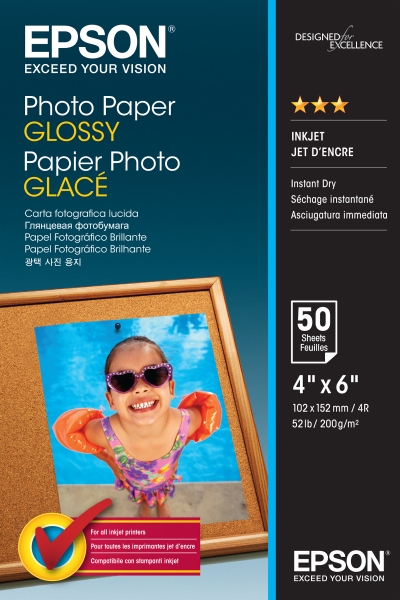 Epson Photo Glossy Pack de 50 Hojas de Papel Fotografico - 10x15cm - Gramaje de 200g/m2 - Acabado Brillante - Compatible con Impresoras Inkjet - Color Blanco