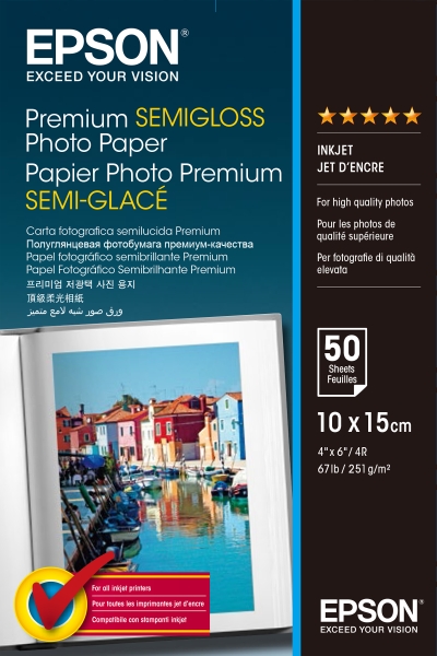 Epson Premium Semiglossy Photo Pack de 50 Hojas de Papel Fotografico - 10x15cm - Gramaje de 251g/m2 - Acabado Semibrillante - Compatible con Impresoras Inkjet - Color Blanco