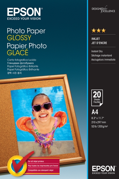 Epson Photo Glossy Pack de 20 Hojas de Papel Fotografico - A4 - Gramaje de 200g/m2 - Acabado Brillante - Compatible con Impresoras Inkjet - Color Blanco