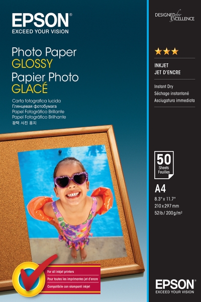 Epson Photo Glossy Pack de 50 Hojas de Papel Fotografico - A4 - Gramaje de 200g/m2 - Acabado Brillante - Compatible con Impresoras Inkjet - Color Blanco
