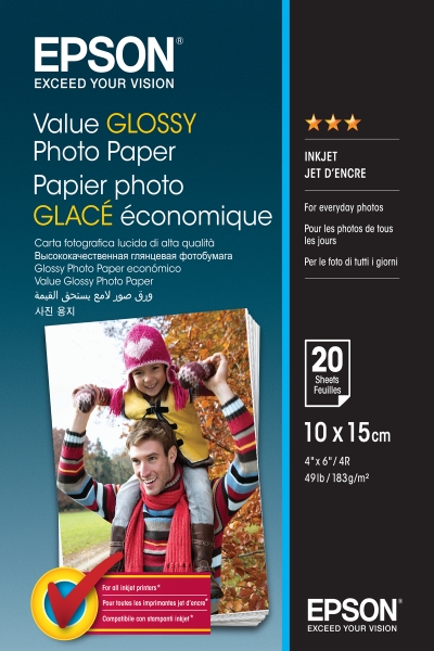 Epson Value Glossy Photo Pack de 20 Hojas de Papel Fotografico - 10x15cm - Gramaje de 183g/m2 - Acabado Brillante - Compatible con Impresoras Inkjet - Color Blanco
