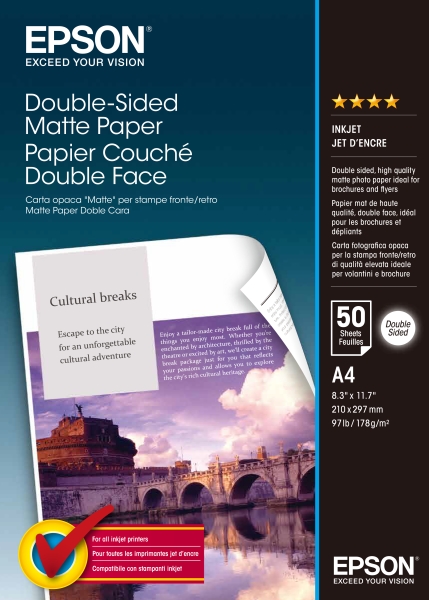 Epson Double-Sided Matte Pack de 50 Hojas de Papel - A4 - Gramaje de 178g/m2 - Mate - Especial para Impresion a Doble Cara - Compatible con Impresoras Inkjet - Color Blanco