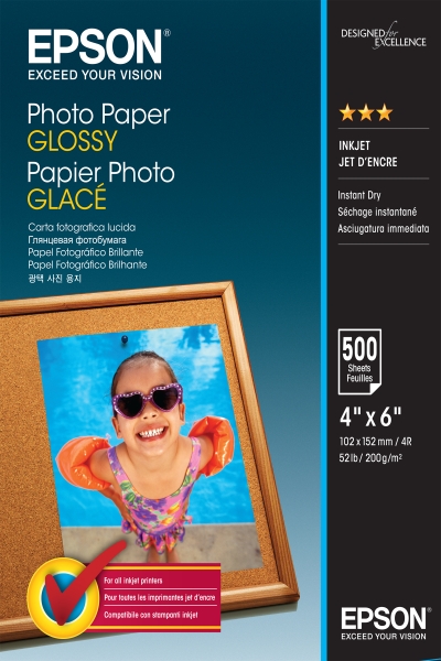 Epson Photo Glossy Pack de 500 Hojas de Papel Fotografico - 10x15cm - Gramaje de 200g/m2 - Acabado Brillante - Compatible con Impresoras Inkjet - Color Blanco