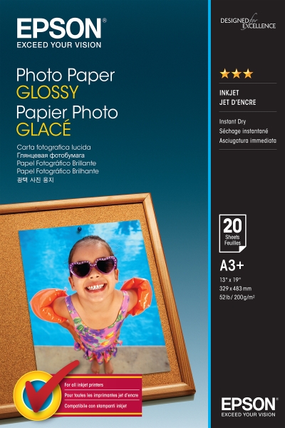 Epson Photo Glossy Pack de 20 Hojas de Papel Fotografico - A3+ - Gramaje de 200g/m2 - Acabado Brillante - Compatible con Impresoras Inkjet - Color Blanco