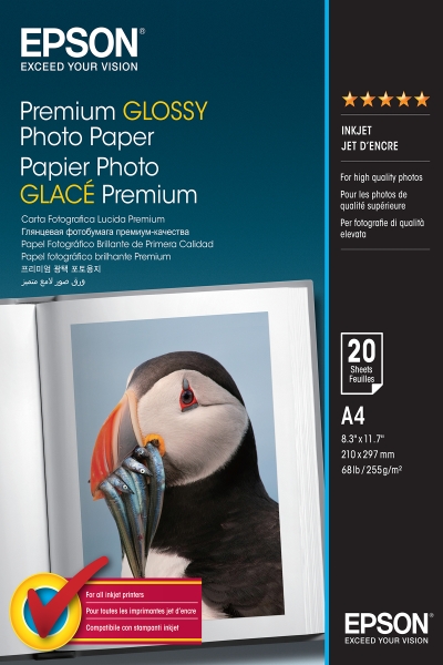Epson Premium Glossy Photo Pack de 20 Hojas de Papel Fotografico - A4 - Gramaje de 255g/m2 - Acabado Brillante - Compatible con Impresoras Inkjet - Color Blanco