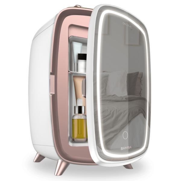 Cecotec CoolingBeauty 6000 Mirror Nevera para Cosmeticos con Espejo - 6L - Luz LED con 3 Intensidades - Silencioso - Enfriamiento hasta 10ºC - Asa Superior - Color Blanco y Rosa