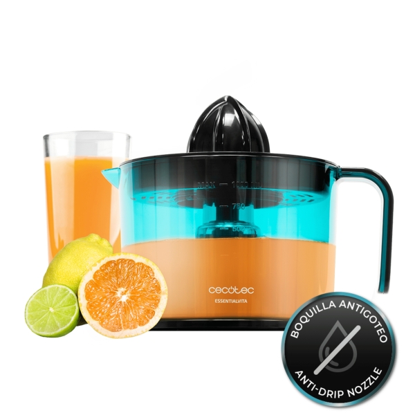 Cecotec EssentialVita Adjust Black Exprimidor Electrico - 40W - Filtro Regulador de Pulpa - 2 Conos Desmontables - Boquilla Antigoteo - Apto Lavavajillas - Cubierta Antipolvo - Color Negro y Azul
