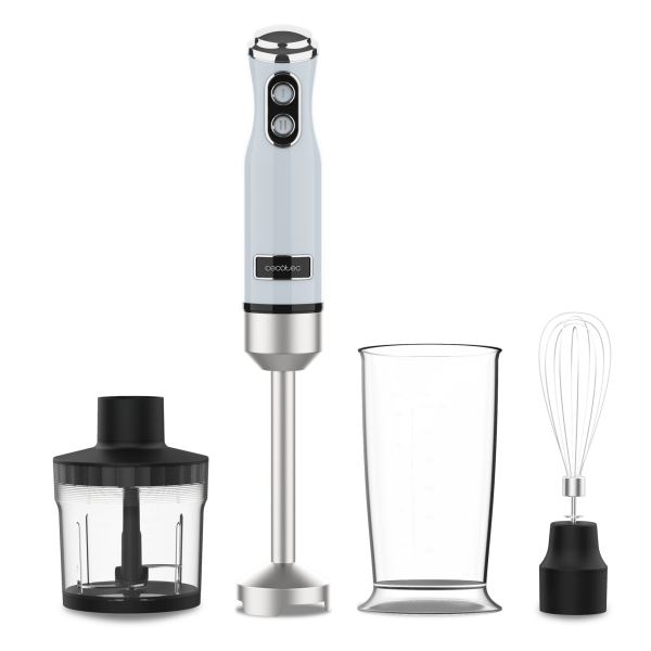 Cecotec Power RetroBlue 1200Max Cream and Crush Batidora de Mano - 1200W - Vaso de 0.5L - Accesorios Multifuncion - Campana Antisalpicadura - 4 Hojas Recubiertas de Titanio - Color Azul Claro Pastel