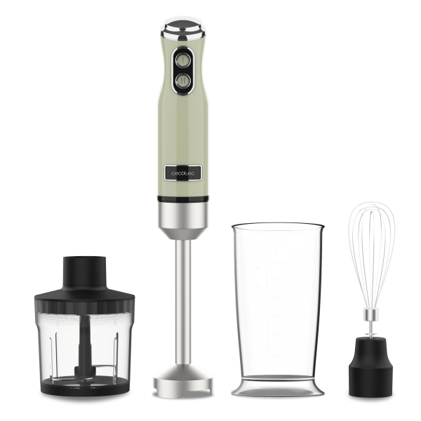 Cecotec Power RetroGreen 1200Max Cream and Crush Batidora de Mano - 1200W - Vaso de 0.5L - Accesorios Multifuncion - Campana Antisalpicadura - 4 Hojas Recubiertas de Titanio - Color Verde Claro