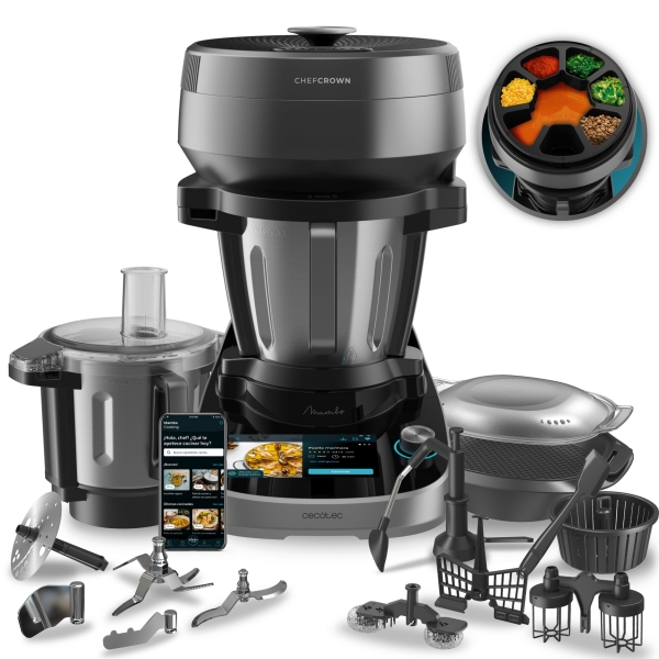 Cecotec Mambo CooKing TotalGourmet Robot de Cocina con Dispensador de Alimentos Automatico - 2200W - Recetario - Accesorios Multifuncion - Pantalla Tactil - Control con App - Color Gris y Negro
