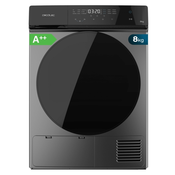 Cecotec Bolero DressCode Dry 8400 Steel Max Secadora con Bomba de Calor de 8kg - 15 Programas Multifuncion - Tambor de Acero Inoxidable - Bloqueo de Seguridad - 60x64x85cm - Color Gris y Negro