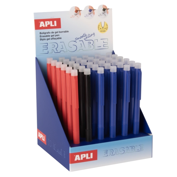 Apli Erasable Gel Expositor con 36 Boligrafos de Tinta Gel Borrables - Punta de 0,5mm - Zona de Agarre de Silicona - Colores Azul, Negro y Rojo