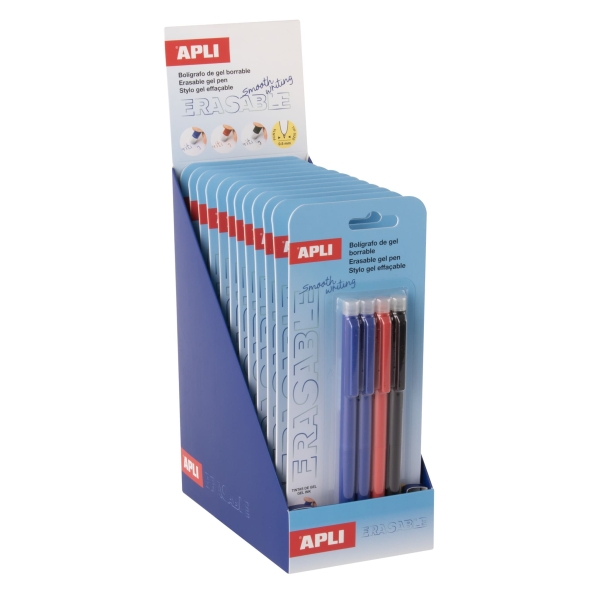 Apli Erasable Gel Expositor de 12 Blisters con 4 Boligrafos de Tinta Gel Borrables cada Uno - Punta de 0,5mm - Zona de Agarre de Silicona - Colores Azul, Negro y Rojo