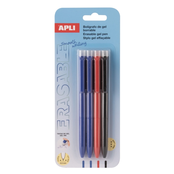 Apli Erasable Gel Blister con 4 Boligrafos de Tinta Gel Borrables cada Uno - Punta de 0,5mm - Zona de Agarre de Silicona - Colores Azul, Negro y Rojo