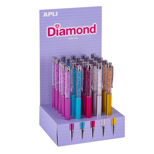 Apli Diamond Expositor con 25 Boligrafos Metalicos Retractiles - Mecanismo de Giro - Punta de 1mm - Tinta Color Azul - Colores Surtidos