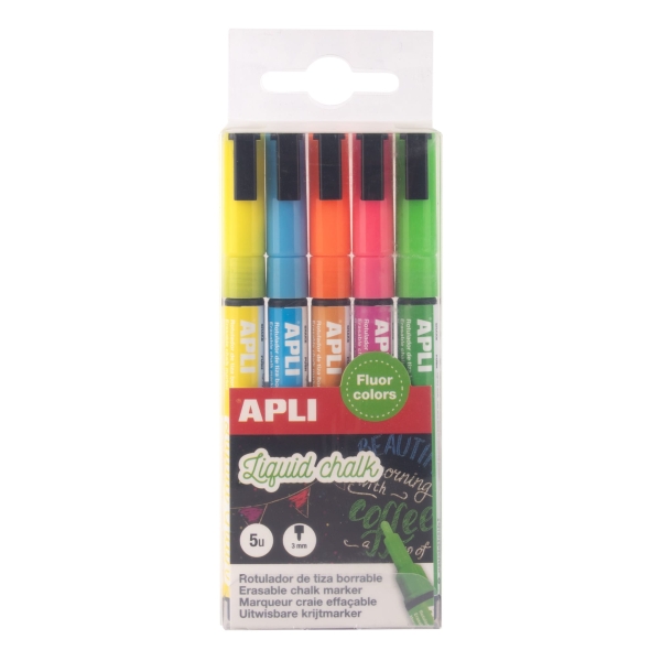 Apli Pack de 5 Rotuladores de Tiza Liquida - Punta Redonda 3mm - Secado Rapido - Colores Fluor Surtidos