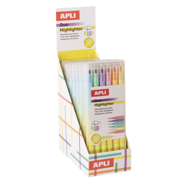 Apli Duo Highlighter Expositor con 10 Pack de 6 Marcadores Doble Punta - Ideal para Agendas, Libretas y Calendarios - Colores Surtidos