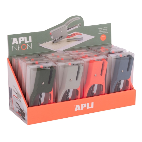 Apli Neon Expositor con 16 Grapadoras de Tenaza con 50 Grapas Nº10 cada Una - Capacidad de Grapado 12 Hojas - Diseño Ergonomico - Colores Surtidos