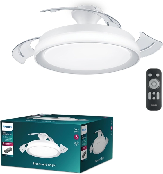 Philips Bliss DC Fan Ceiling Ventilador de Techo con Luz LED Hasta 6500K - Aspas Retractiles - 35W Ventilador + 28W Luz - Sparkle -  Mando a Distancia - Color Blanco