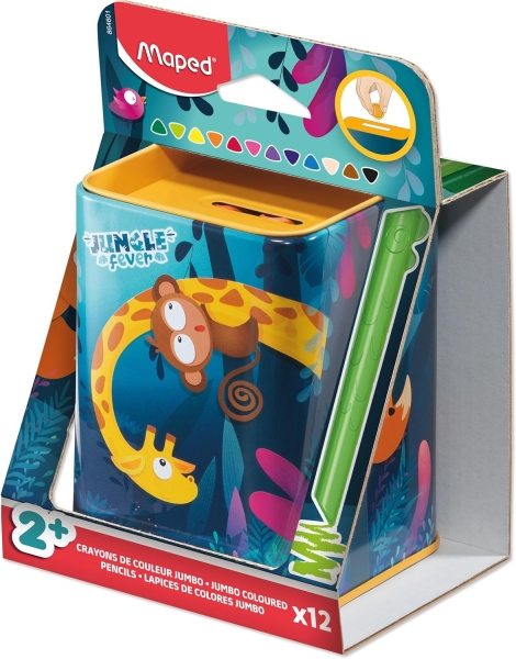 Maped Color`Peps Infinity Jumbo Jungle Caja Metalica con 12 Lapices de Colores de Larga Duracion - La Caja tiene Funcion de Hucha - Hecho Totalmente de Mina - Colores Surtidos