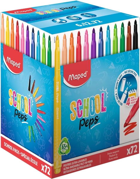 Maped Color`Peps Longlife School Pack de 72 Rotuladores con Punta Media Bloqueada 3.7mm - Tinta Lavable - Colores Surtidos
