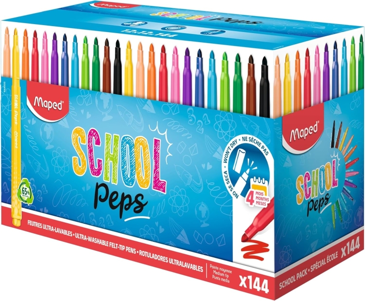 Maped Color`Peps Longlife School Pack de 144 Rotuladores con Punta Media Bloqueada 3.7mm - Tinta Lavable - Colores Surtidos