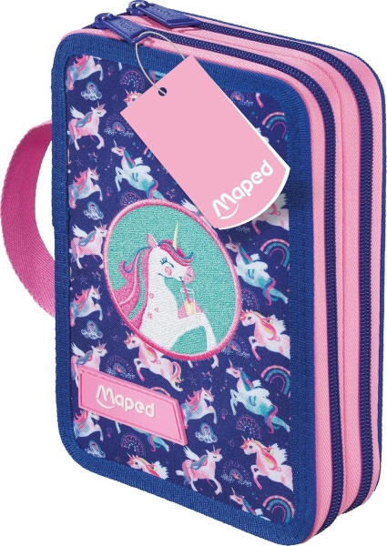 Maped Unicornio Estuche de 2 Pisos con 38 Articulos: Goma de Borrar, Sacapuntas, Lapiz de Grafito HB, 2 Boligrafos, Regla, 18 Lapices de Colores, 12 Rotuladores, Tijeras y Subrayador