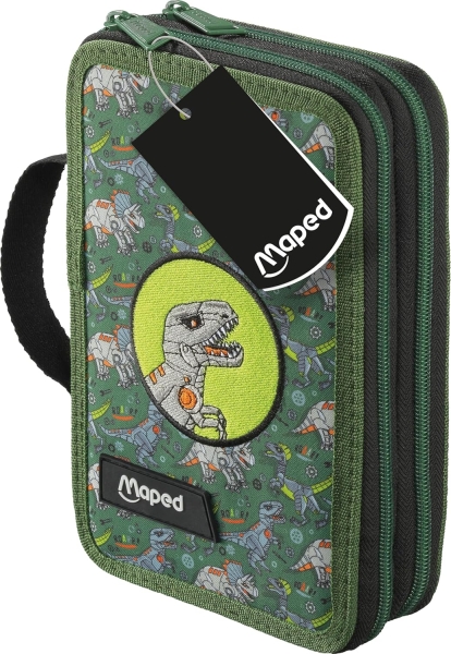 Maped Dinosaurio Estuche de 2 Pisos con 38 Articulos: Goma de Borrar, Sacapuntas, Lapiz de Grafito HB, 2 Boligrafos, Regla, 18 Lapices de Colores, 12 Rotuladores, Tijeras y Subrayador