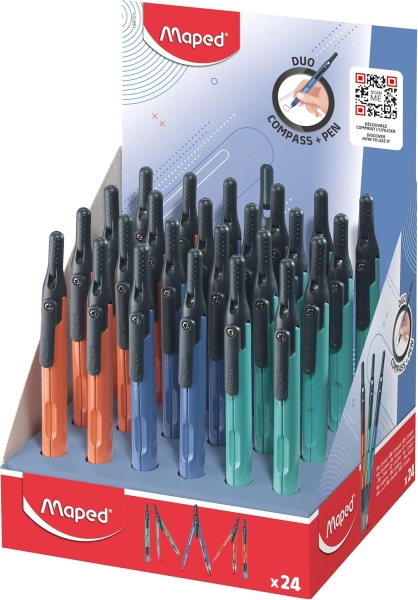 Maped Duo+Pen Expositor con 24 Compases Duo - Compas que se puede Utilizar como Portaminas - Clip de Bolsillo - Colores Surtidos