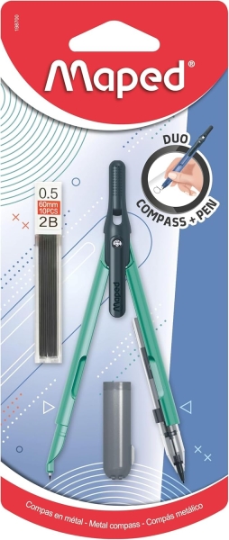 Maped Duo+Pen Pack de Compas Duo + Cajita de Minas - Compas que se puede Utilizar como Portaminas - Clip de Bolsillo - Colores Surtidos Aleatorios