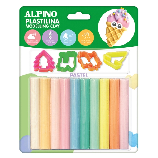 Alpino Pack con 10 Barras de Plastilina 17gr + 4 Moldes - Muy Flexible - Pueden Mezclarse - Sin Gluten - Colores Pastel Surtidos