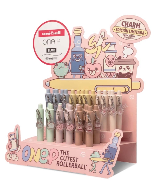 Uni-ball One P Charm Expositor con 30 Boligrafos Retractiles con Punta Fina 0.5mm - Agarre Suave y Comodo - Tinta Color Negro - Cuerpo de Colores Pastel con Charm