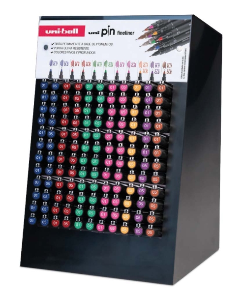 Uni-ball PIN Expositor con 168 Rotuladores de Colores y Calibrados Surtidos - Punta Poliacetal - Tinta Pigmentada Resistente al Agua y Luz
