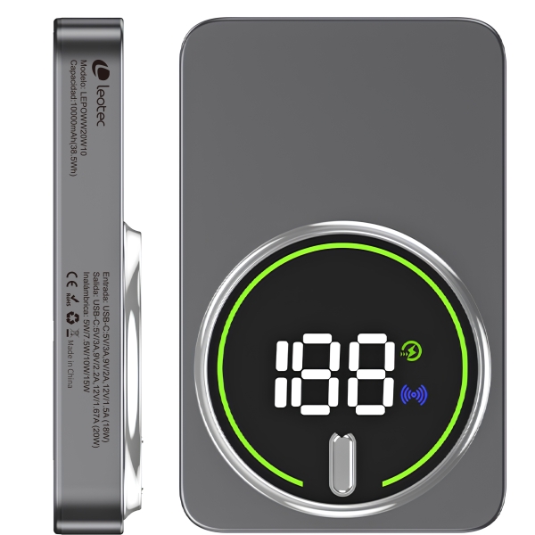 Leotec Powerbank Inalambrico 10.000 mAh -  PD 20W - Qi 15W - Color Gris