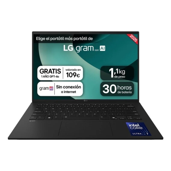 LG Gram 14Z90T-G.AD8BB Portatil 14" Intel Core Ultra 7 255H - 32GB - 2TB SSD - WiFi 7 - Windows 11 Home - Color Negro - Teclado QWERTY (ES)